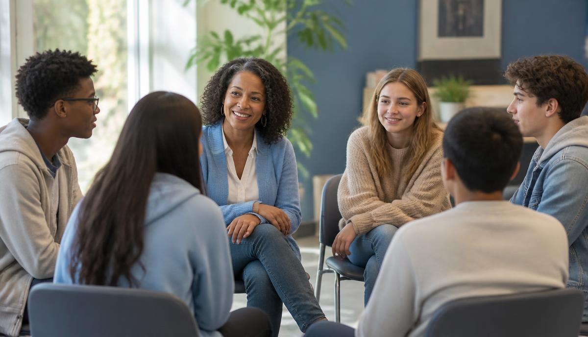 Young adults in a supportive school wellness circle with a mentor